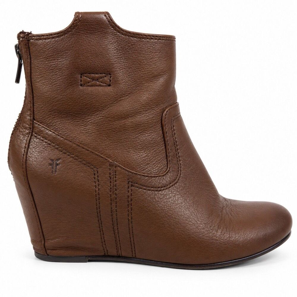Frye Carson Wedge Womens 6.5M Cognac Brown Leather Ankle Boots Zip 3470656